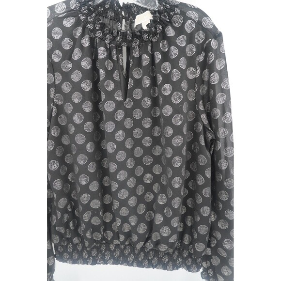 Michael Kors Black & Silver Polka Dot Blouse Smocked Ruffle Mock Neck Size XL - Picture 3 of 10